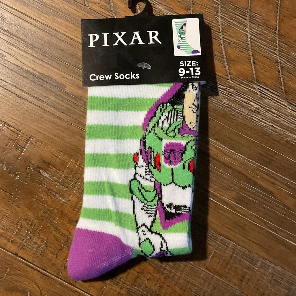 NEW Disney Pixar Toy Story Buzz Lightyear‎ Crew Socks Green Striped Mens 9-13